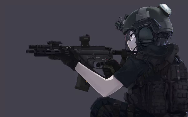 An anime-style character in military gear aims a rifle, set against a dark background in this HD wallpaper and desktop background image.