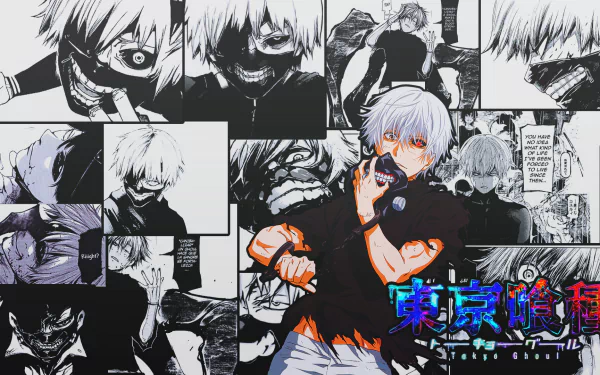 This HD desktop wallpaper features Ken Kaneki from Tokyo Ghoul, showcasing dynamic scenes and transformations of the character in a striking collage.