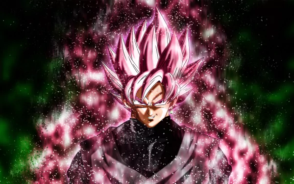 HD wallpaper featuring Black Goku in Super Saiyan Rosé form from Dragon Ball Super, emitting a powerful pink aura against a dark background.