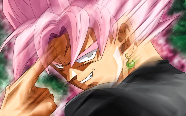 HD desktop wallpaper featuring Super Saiyan Rosé Black Goku from Dragon Ball Super. The anime character is shown with pink hair and a confident expression, set against a dynamic background.