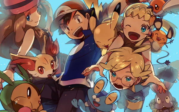 HD desktop wallpaper featuring animated Pokémon characters and their trainers, joyfully interacting. Bright and colorful, this image captures the adventurous spirit of the Pokémon anime series.