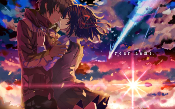 HD anime wallpaper featuring Taki Tachibana and Mitsuha Miyamizu in an emotional embrace with tears, set against a vibrant sky with clouds and a comet, from the film Your Name.