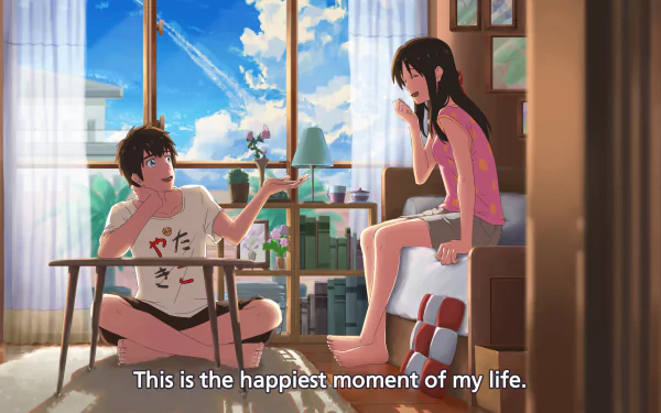 An HD wallpaper depicting the anime characters Taki Tachibana and Mitsuha Miyamizu from Your Name. in a bedroom setting. Both are barefoot, with Taki sitting on the floor and Mitsuha on a bed, sharing a joyful moment.