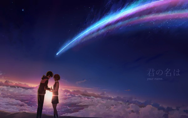 A scenic HD desktop wallpaper featuring a romantic scene from the anime Your Name. Taki Tachibana and Mitsuha Miyamizu stand together under a vibrant sky with a comet streaking overhead.