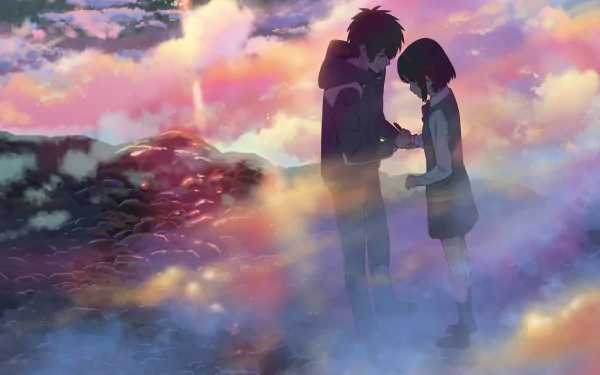 HD desktop wallpaper featuring Taki Tachibana and Mitsuha Miyamizu from the anime Your Name. They stand together with a beautiful, colorful sky in the background.
