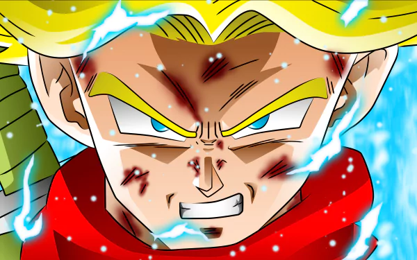 HD desktop wallpaper featuring Trunks from Dragon Ball Super in intense focus mode, with battle scars and glowing blue energy surrounding him.