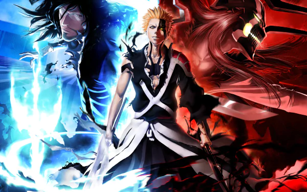 HD wallpaper featuring Ichigo Kurosaki from Bleach, flanked by Hollow Ichigo on the right in red hues and Zangetsu on the left in blue hues, depicting a dynamic and intense scene from the anime.