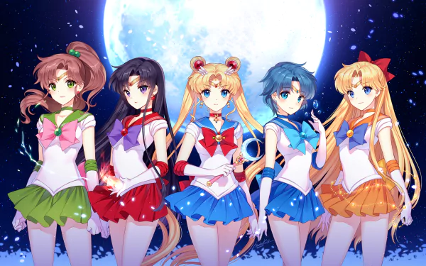 HD desktop wallpaper featuring the main characters from the anime Sailor Moon, with a full moon backdrop, showcasing the five Sailor Scouts in their iconic outfits.