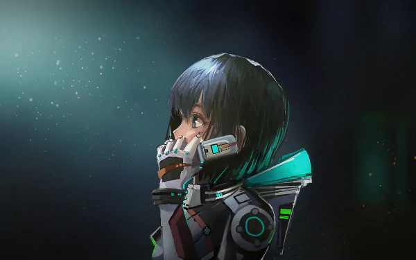 A high-definition desktop wallpaper featuring an anime-style astronaut with dark hair, wearing a futuristic space suit and a reflective backdrop.
