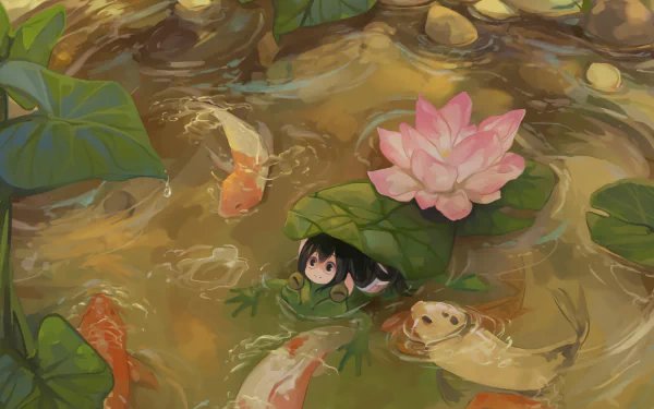 HD desktop wallpaper featuring Tsuyu Asui from My Hero Academia. She is blending in a pond with a frog, surrounded by koi fish and water lilies, creating a serene and whimsical anime scene.