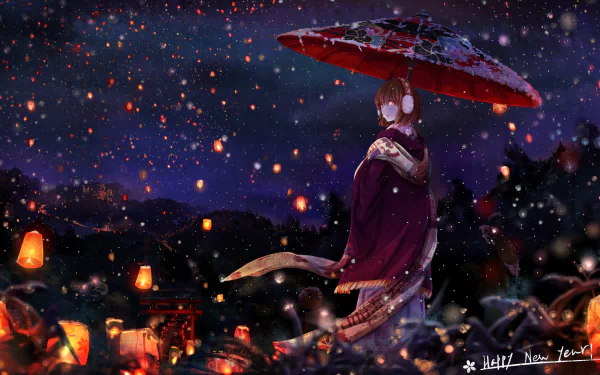 An anime girl holding a red umbrella stands amidst softly glowing lanterns on a snowy night. The vibrant scene is captured in HD for a stunning desktop wallpaper and background.
