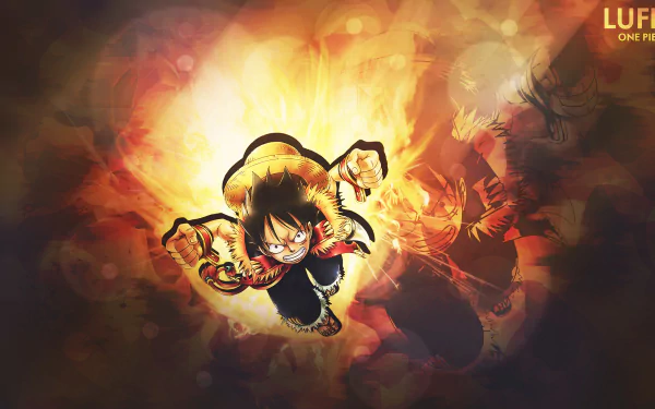 HD desktop wallpaper featuring Monkey D. Luffy from the anime One Piece, dynamically charging forward with a fiery background and intense expression.