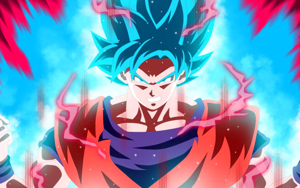 HD desktop wallpaper featuring Goku in his Super Saiyan Blue form from the anime Dragon Ball Super, with vibrant blue hair and a fierce aura emanating an intense energy.