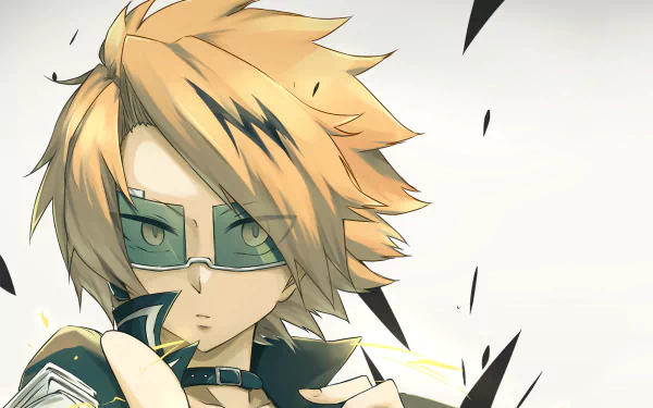 HD wallpaper featuring an anime character from My Hero Academia, with spiky blonde hair and green visor glasses, set against a light background with dynamic black and yellow accents.