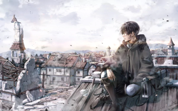 HD desktop wallpaper featuring an anime character from Attack on Titan, sitting thoughtfully on a rooftop overlooking a war-torn town with a melancholic atmosphere.
