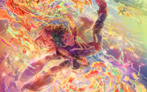 HD wallpaper featuring Izuku Midoriya and Ochaco Uraraka from the anime My Hero Academia, with vibrant, swirling colors creating an energetic background.