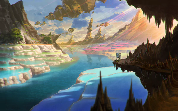 Anime-style HD wallpaper featuring a surreal landscape with rivers, mountains, and a vibrant sky, viewed from a cave opening.
