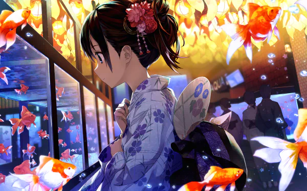 Anime girl with brown hair and green eyes, wearing a yukata, gazes at a vibrant aquarium with colorful fish. The setting is adorned with warm lighting and shadows of other people in the background.