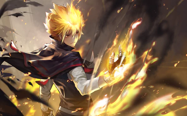 Anime character Giotto from Katekyō Hitman Reborn! with yellow eyes and blonde hair, engulfed in flames. HD desktop wallpaper and background.