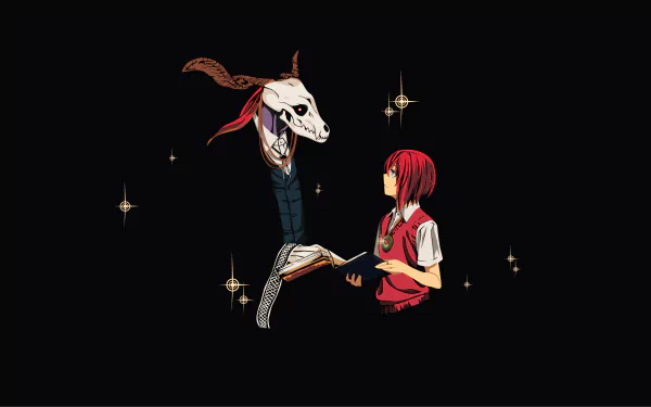 HD desktop wallpaper featuring Elias Ainsworth and Chise Hatori from the anime The Ancient Magus' Bride (Mahoutsukai no Yome), set against a dark background with magical stars.