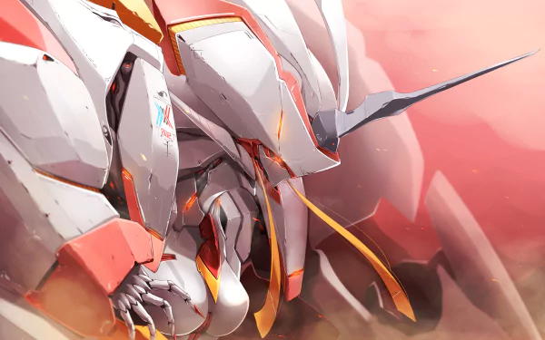 HD desktop wallpaper featuring Strelizia from the anime Darling in the FranXX, showcasing a detailed and dynamic image of the mecha against a warm, smoky background.
