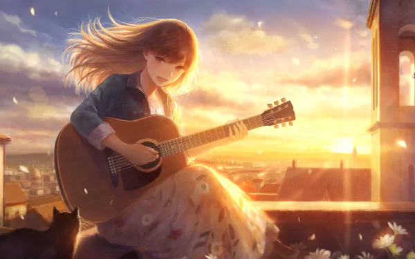 Anime-themed HD wallpaper of a smiling girl with long brown hair playing a guitar at sunset in a town, wearing a skirt, accompanied by a black cat.