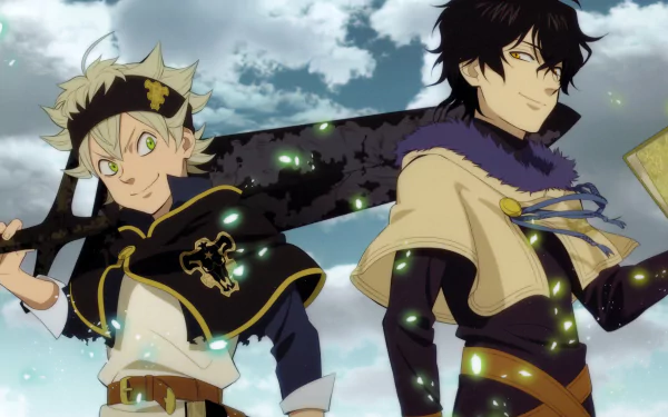 HD desktop wallpaper featuring Asta and Yuno from the anime Black Clover, with a cloudy sky in the background. Asta holds a massive sword, while Yuno wields a glowing grimoire.