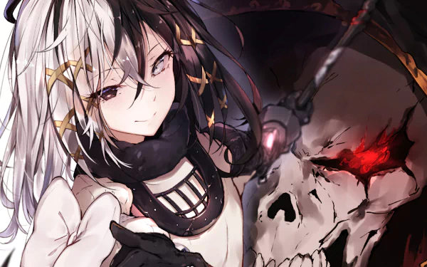 HD desktop wallpaper featuring Zesshi Zetsumei from the anime Overlord, showcasing her beside a menacingly glowing red-eyed skull.