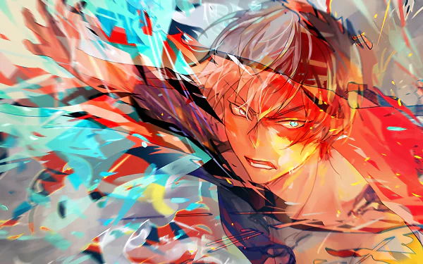 HD wallpaper featuring Shoto Todoroki from My Hero Academia, showcasing dynamic art with vibrant colors and intense expression.