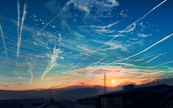 Anime-style sunrise with vibrant colors, contrails streaking across a clear sky. Tagged as Anime, Original. High-definition desktop wallpaper and background.