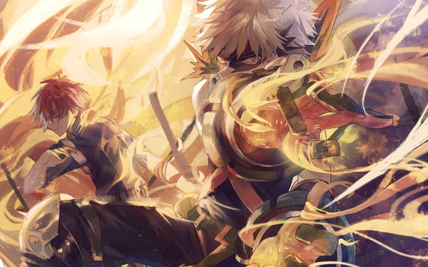 HD wallpaper featuring Shoto Todoroki and Katsuki Bakugou from My Hero Academia. This dynamic anime background showcases both characters with vibrant energy and action elements.