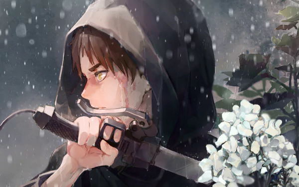 HD wallpaper of Eren Yeager from Attack on Titan, featuring yellow eyes and brown hair. He is holding a sword and wearing a hooded cloak, set against a background with white flowers and a snow-filled scene.