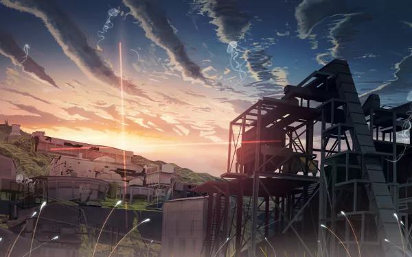HD anime-style desktop wallpaper featuring a serene sunset over an industrial village with detailed architecture and dynamic skies.