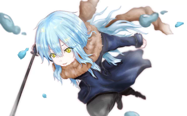 HD desktop wallpaper featuring Rimuru Tempest from That Time I Got Reincarnated as a Slime, with yellow eyes, blue hair, and a scarf, set in an anime-style illustration.
