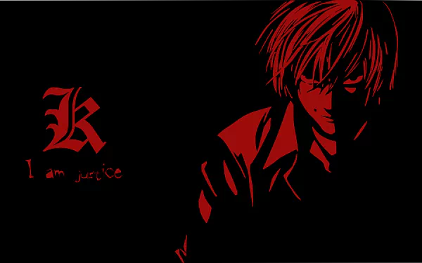 HD desktop wallpaper featuring Light Yagami from the anime Death Note as Kira. The dark background contrasts with his red-highlighted silhouette and the phrase I am justice beside a stylized K.