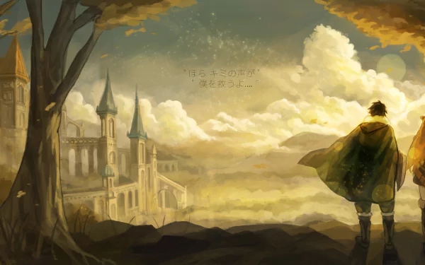 HD desktop wallpaper of Naofumi Iwatani and Raphtalia from The Rising of the Shield Hero, featuring a beautiful, fantasy landscape with a castle and cloudy sky.