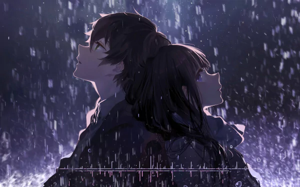 HD desktop wallpaper featuring Hōtarō Oreki and Eru Chitanda from the anime Hyouka, standing back to back in the rain with a serene and thoughtful atmosphere.