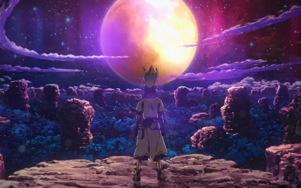 Senku Ishigami from the anime Dr. Stone stands on a rocky cliff, gazing at a large, glowing planet in a colorful, starry sky. The image is a HD desktop wallpaper and background.