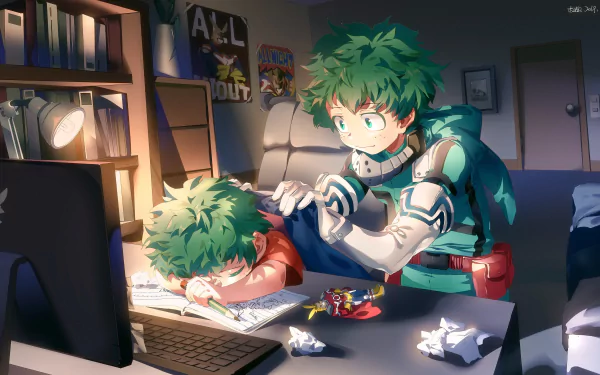 HD desktop wallpaper featuring Izuku Midoriya from the anime My Hero Academia, showing him comforting a younger version of himself at a desk in a dimly lit room.