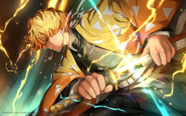 HD desktop wallpaper featuring Zenitsu Agatsuma from the anime Demon Slayer: Kimetsu no Yaiba, showcasing him in an action pose with lightning effects in the background.