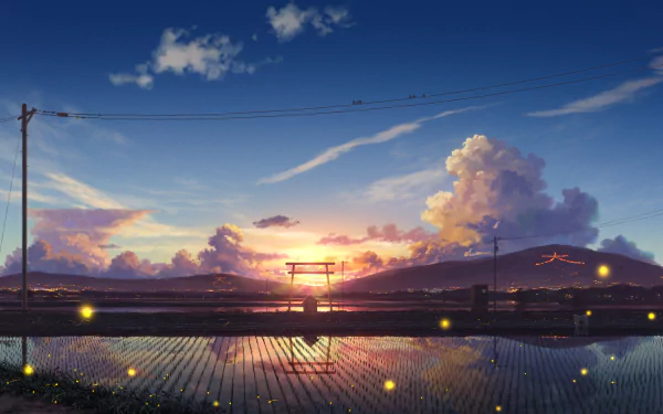 Anime-style HD desktop wallpaper featuring a vibrant sunset over a mirror-like water surface, complemented by distant mountains and a traditional torii gate under a starlit sky.