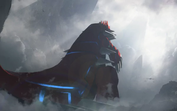 HD desktop wallpaper featuring Groudon, a Pokémon from the anime series, majestically standing amidst a dramatic, cloudy mountain landscape with mist and light rays.