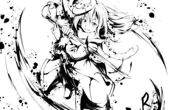Black and white HD wallpaper featuring Rimuru Tempest from the anime That Time I Got Reincarnated as a Slime, wielding a weapon amidst dynamic splatter art.