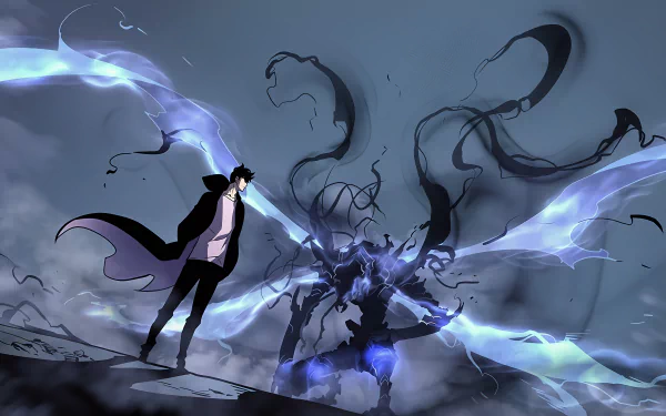 HD desktop wallpaper featuring characters Beru and Sung Jin-Woo from Solo Leveling anime, with a dynamic and intense mystical battle scene.