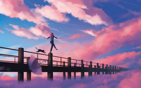Anime-style illustration of a person with long pink hair balancing on a pier above clouds, with a cat and umbrella nearby. The vibrant sky transitions from blue to pink, creating a dreamy background. HD desktop wallpaper.
