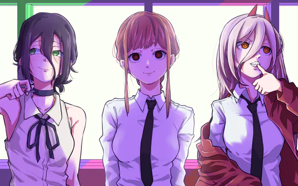 HD desktop wallpaper of Makima, Reze, and Power from Chainsaw Man anime, standing against a window background.