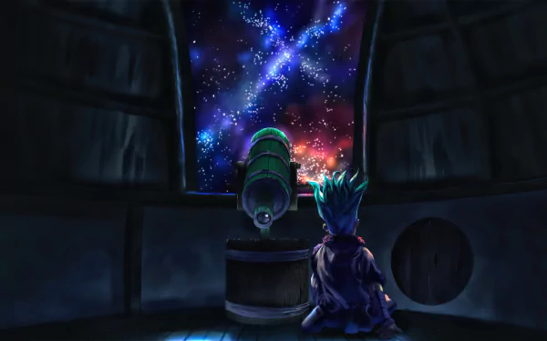 HD desktop wallpaper of Senku Ishigami from the anime Dr. Stone, gazing at a starry night sky through a telescope.