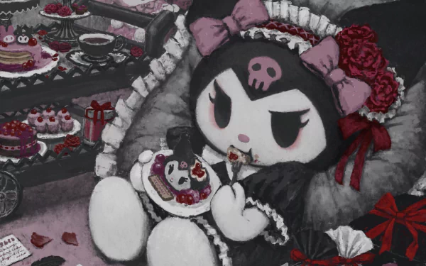 HD anime desktop wallpaper featuring Kuromi from Onegai My Melody dressed in gothic attire, enjoying a cake amid an elegant tea party setting.