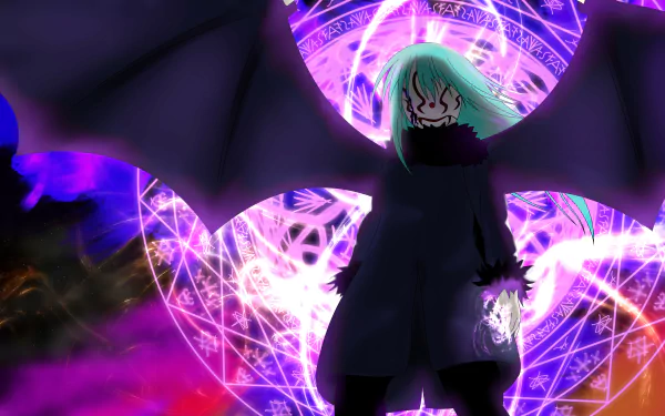 Rimuru Tempest stands dramatically against a swirling backdrop of magical symbols and vibrant colors, showcasing the essence of That Time I Got Reincarnated as a Slime in stunning 4K Ultra HD.