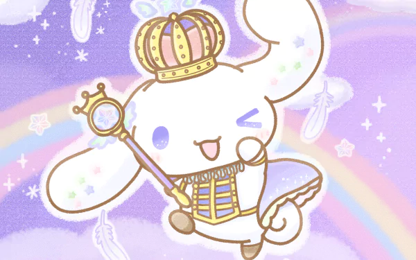 HD anime desktop wallpaper featuring Cinnamoroll dressed as a royal, floating against a pastel sky with rainbows and sparkles.